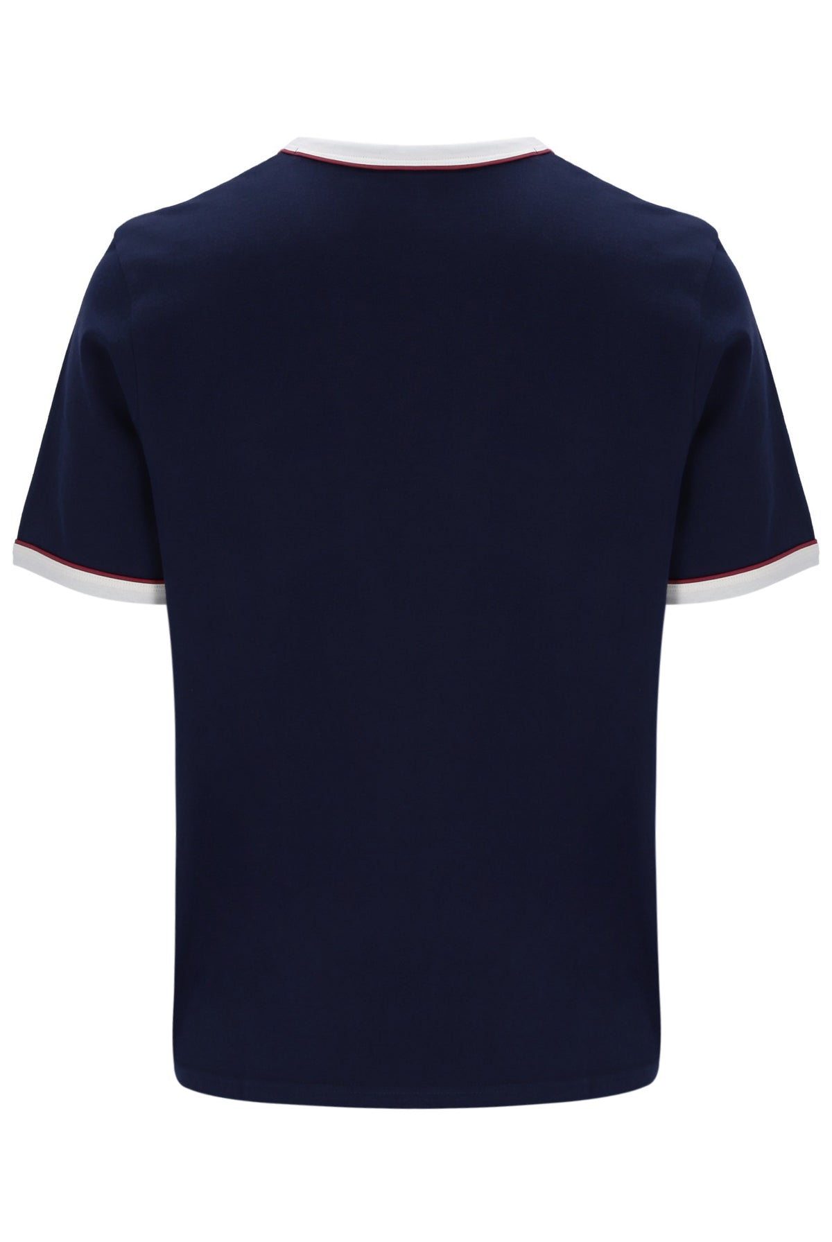 Navy blue t-shirt with white trim on a white background