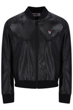 Displays the Black 'FILA' banded Rumor Leatherette Bomber