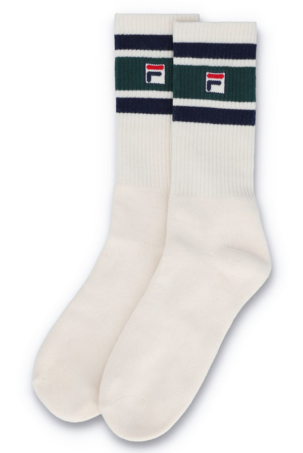Displays the Russel 'FILA' branded 3-Pack F-Box Heritage Stripe Socks