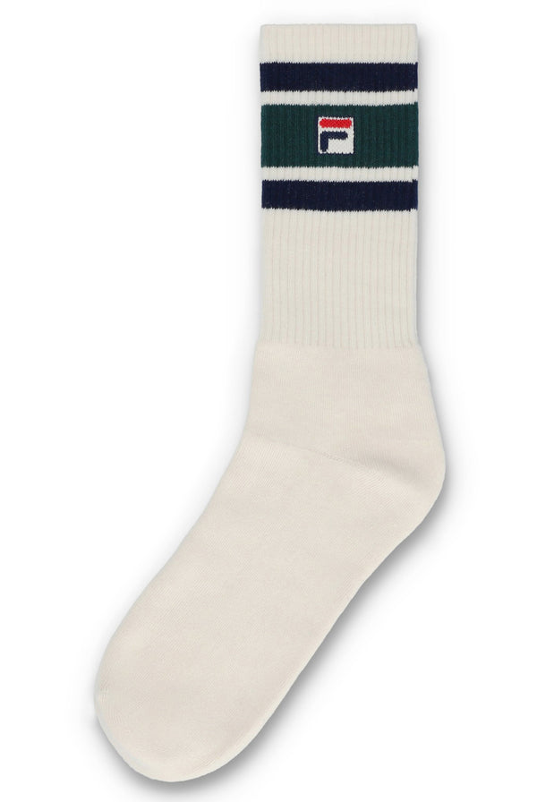 Displays the Russel 'FILA' branded 3-Pack F-Box Heritage Stripe Socks