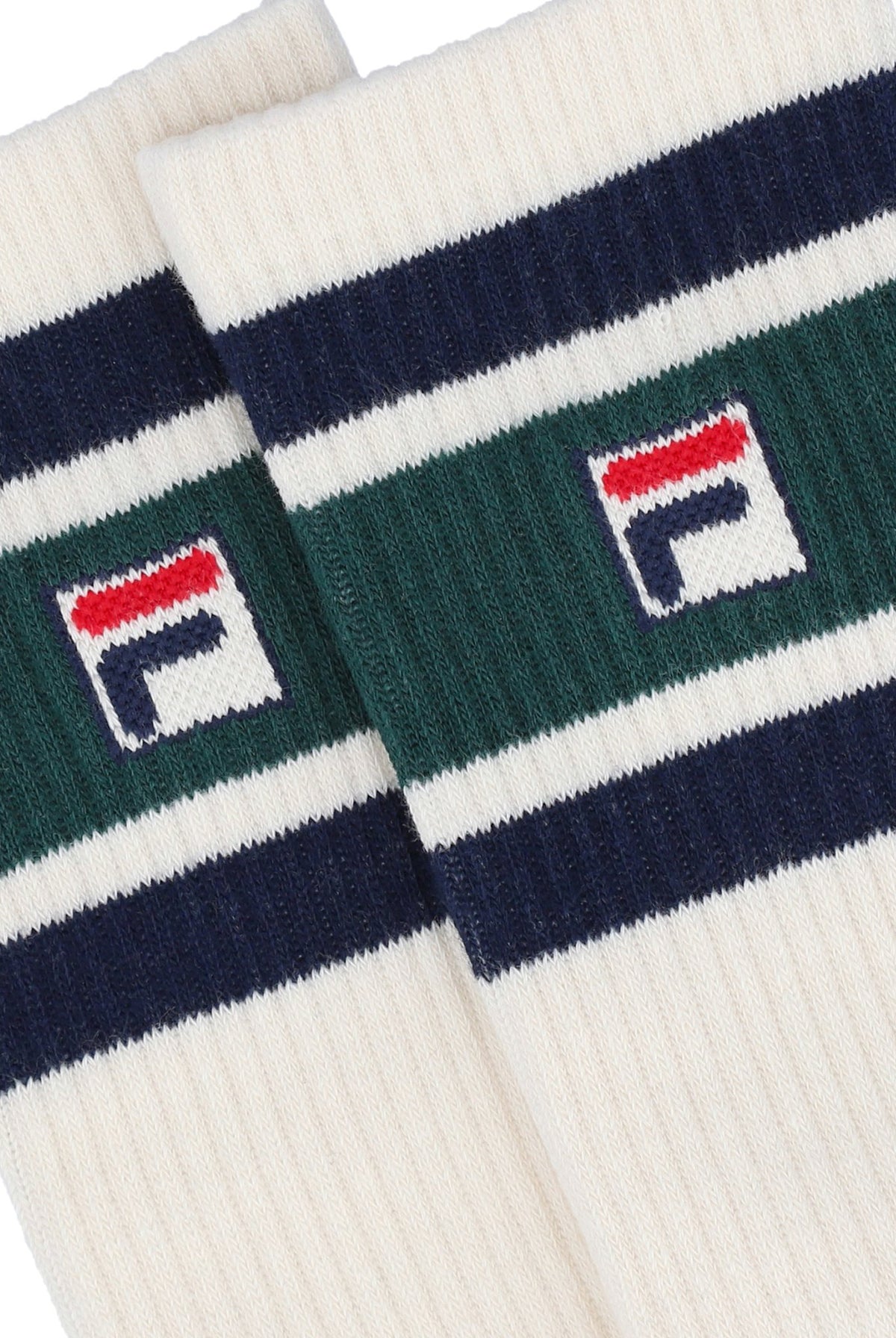 Displays the Russel 'FILA' branded 3-Pack F-Box Heritage Stripe Socks featuring the FILA branded logo