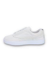A white suede tennis trainer with low-top design and lace-up closure.