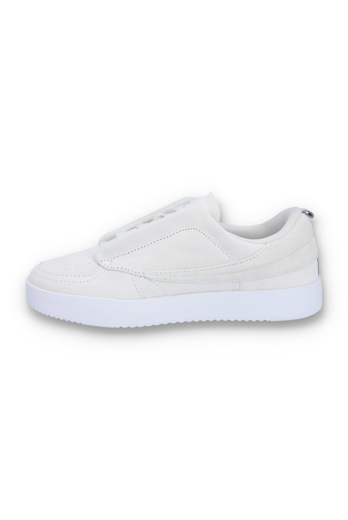 A white suede tennis trainer with low-top design and lace-up closure.