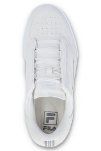 A white suede tennis trainer with low-top design and lace-up closure.
