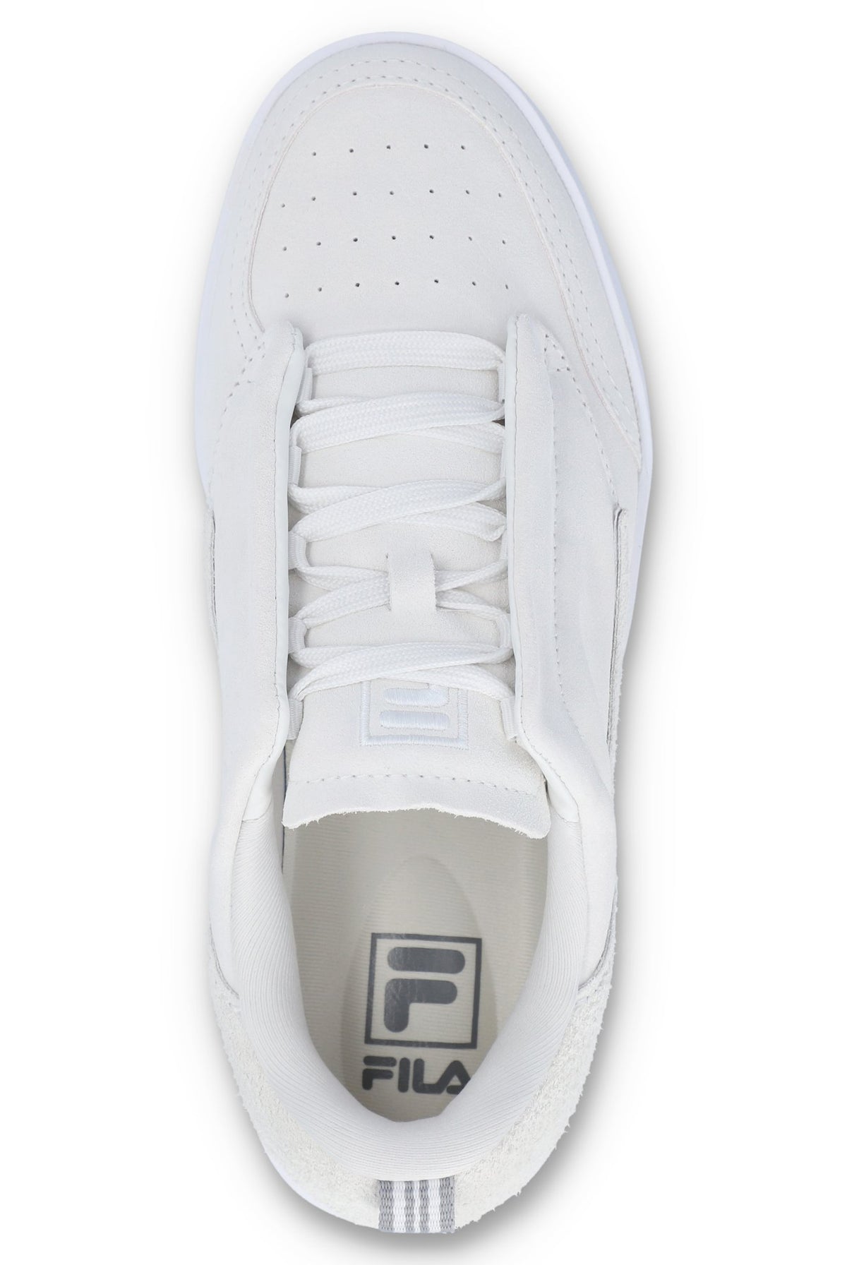 A white suede tennis trainer with low-top design and lace-up closure.