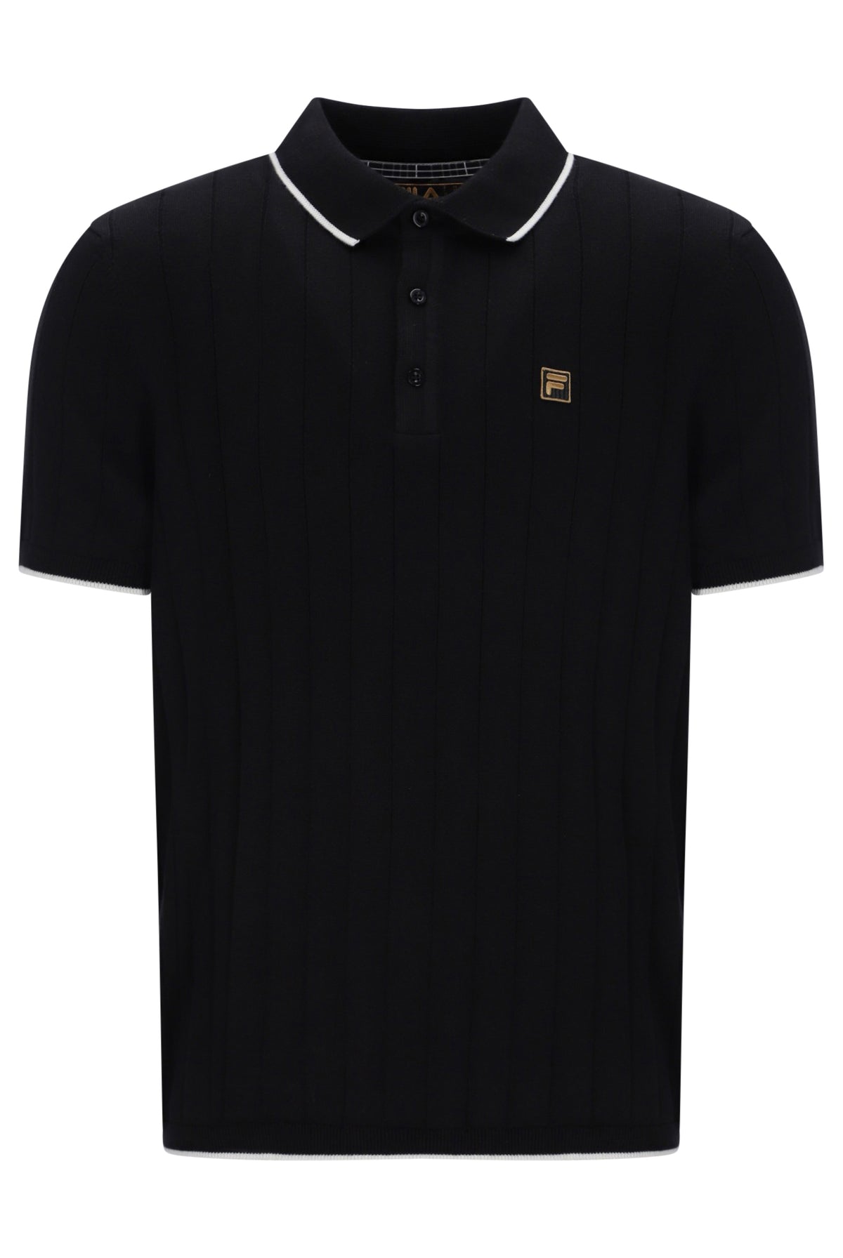 Displays the Black 'FILA' branded Down Santino Drop Needle Knitted Polo