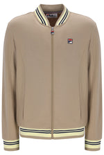 A beige Fila zip-up bomber jacket with cream and navy striped ribbed collar, hem, and cuffs, featuring the Fila logo on the left chest.