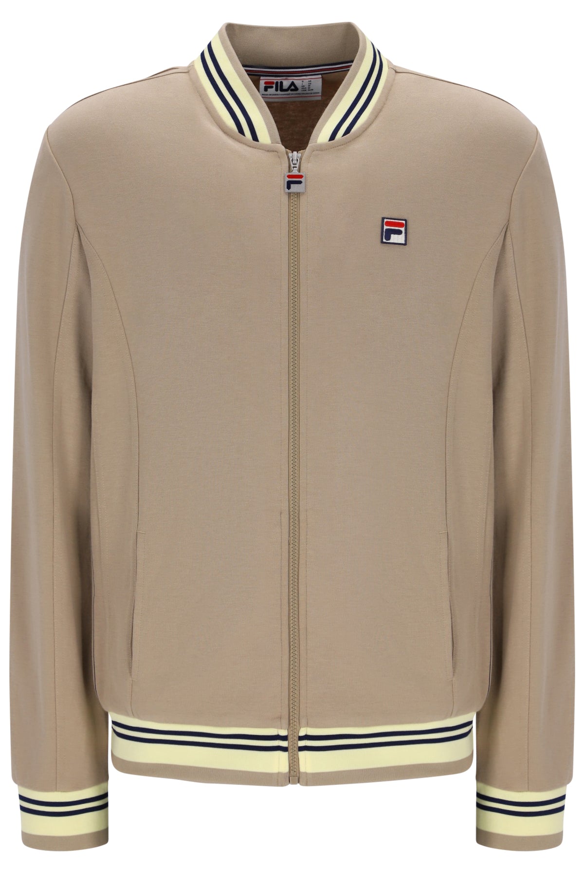 A beige Fila zip-up bomber jacket with cream and navy striped ribbed collar, hem, and cuffs, featuring the Fila logo on the left chest.
