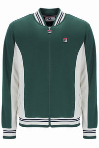 A green and white Fila zip-up track jacket with striped ribbed collar, cuffs, and hem, featuring a small chest logo.