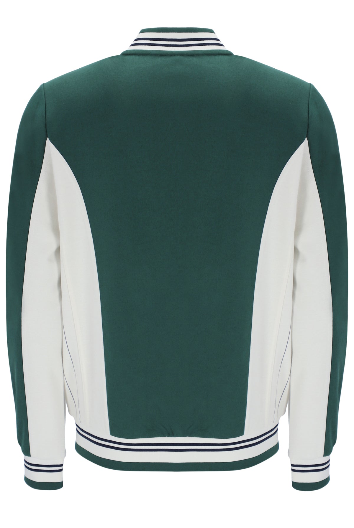 A dark green and white varsity-style jacket shown from the back, featuring striped ribbed collar, cuffs, and hem.