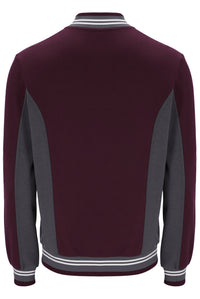 A long-sleeve varsity-style jacket shown from the back, featuring a deep burgundy body with dark gray side panels and white striped ribbing on the collar, cuffs, and hem.