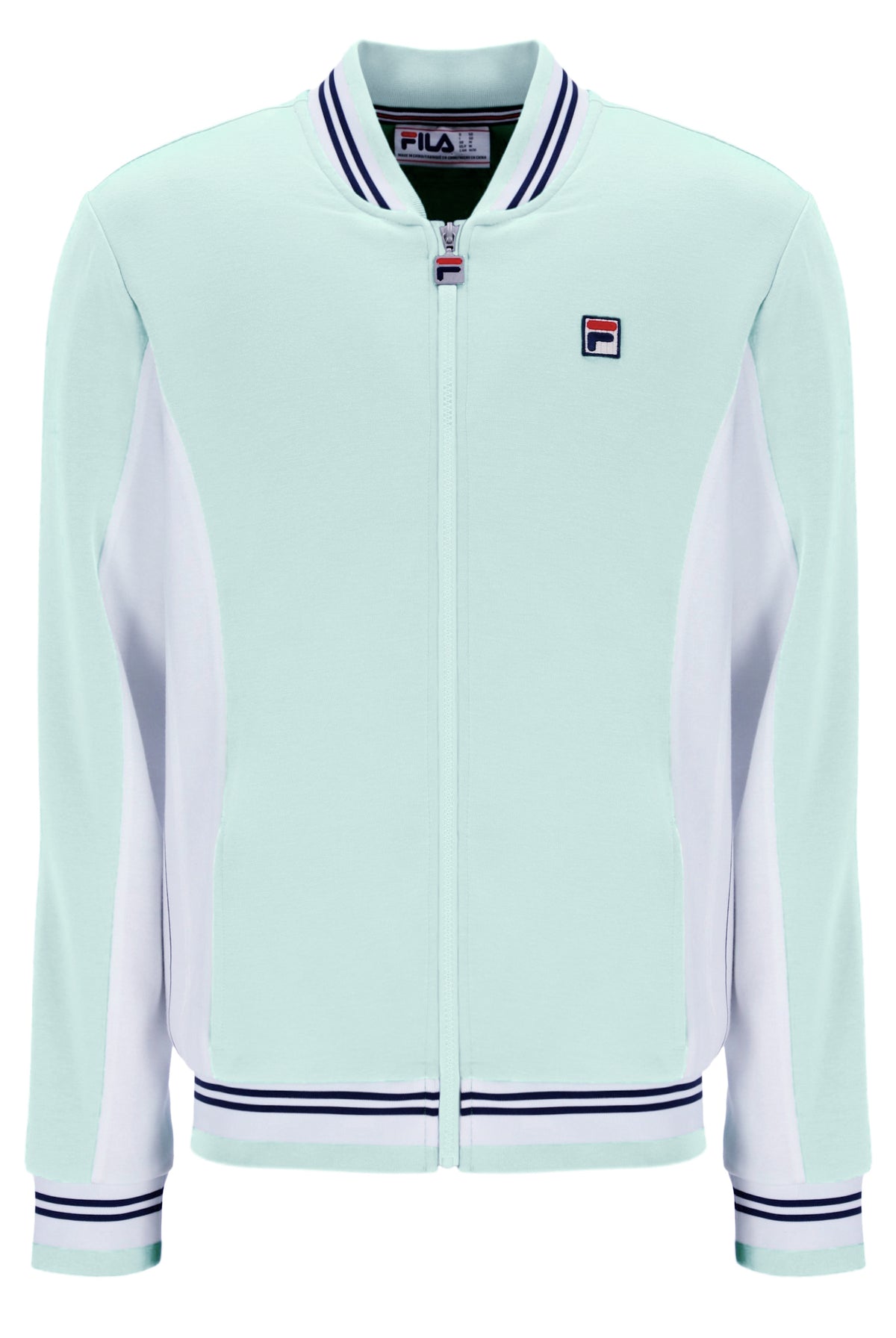 Light blue jacket with white sleeves and FILA logo on a white background