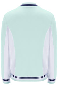 Light blue varsity jacket with white sleeves on a white background