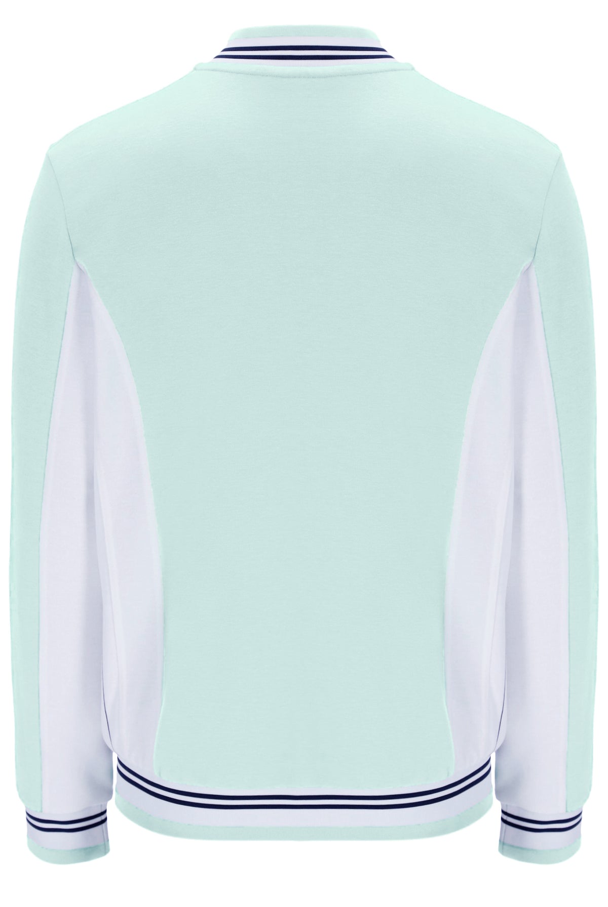 Light blue varsity jacket with white sleeves on a white background