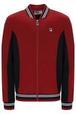 A red and black FILA zip-up track jacket with white and black striped ribbed collar, cuffs, and hem, shown on a plain white background.
