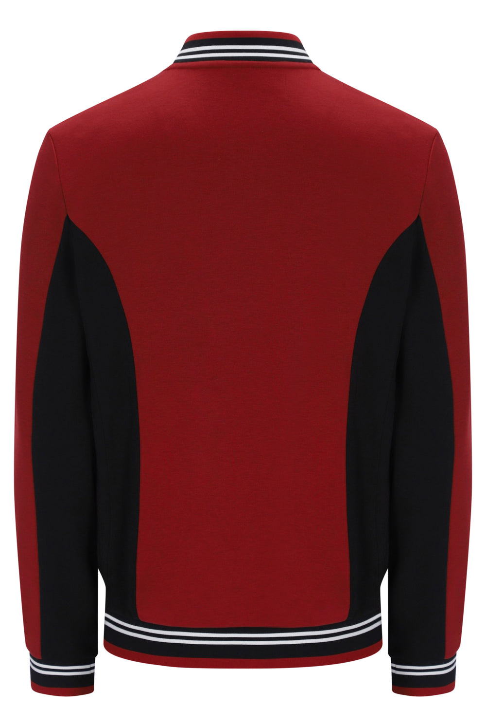 A red and black colorblock knit jacket shown from the back, featuring white and black striped ribbing on the collar, cuffs, and hem.