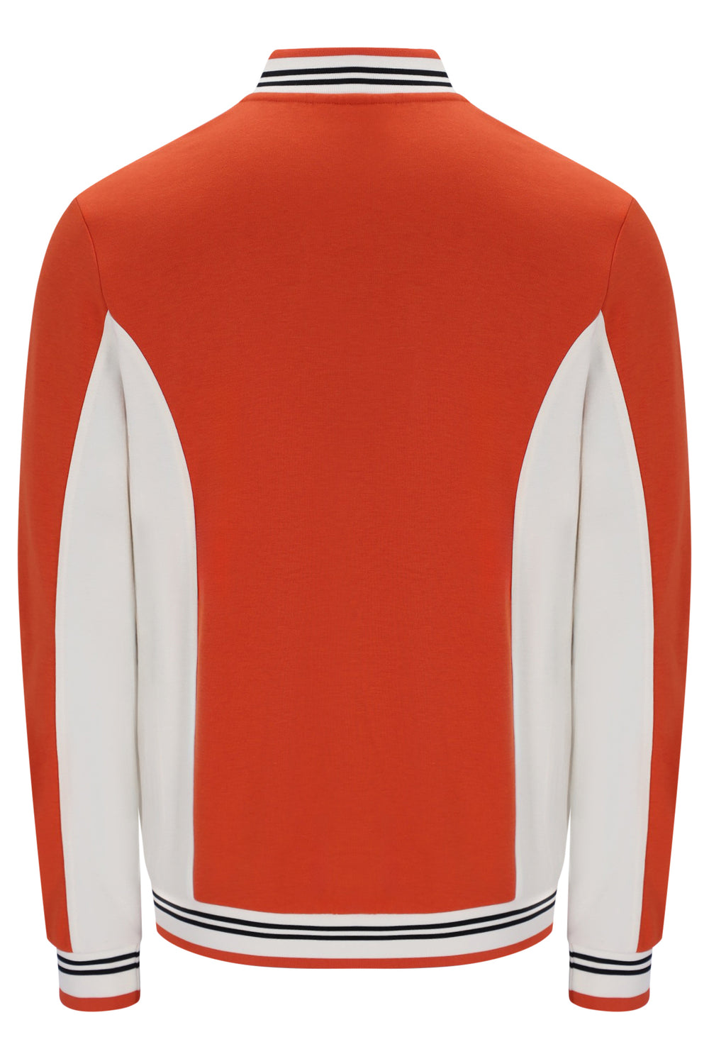 A long-sleeve colorblock jacket shown from the back, featuring a bright orange body, white sleeves, and striped ribbed trim at the collar, cuffs, and hem.