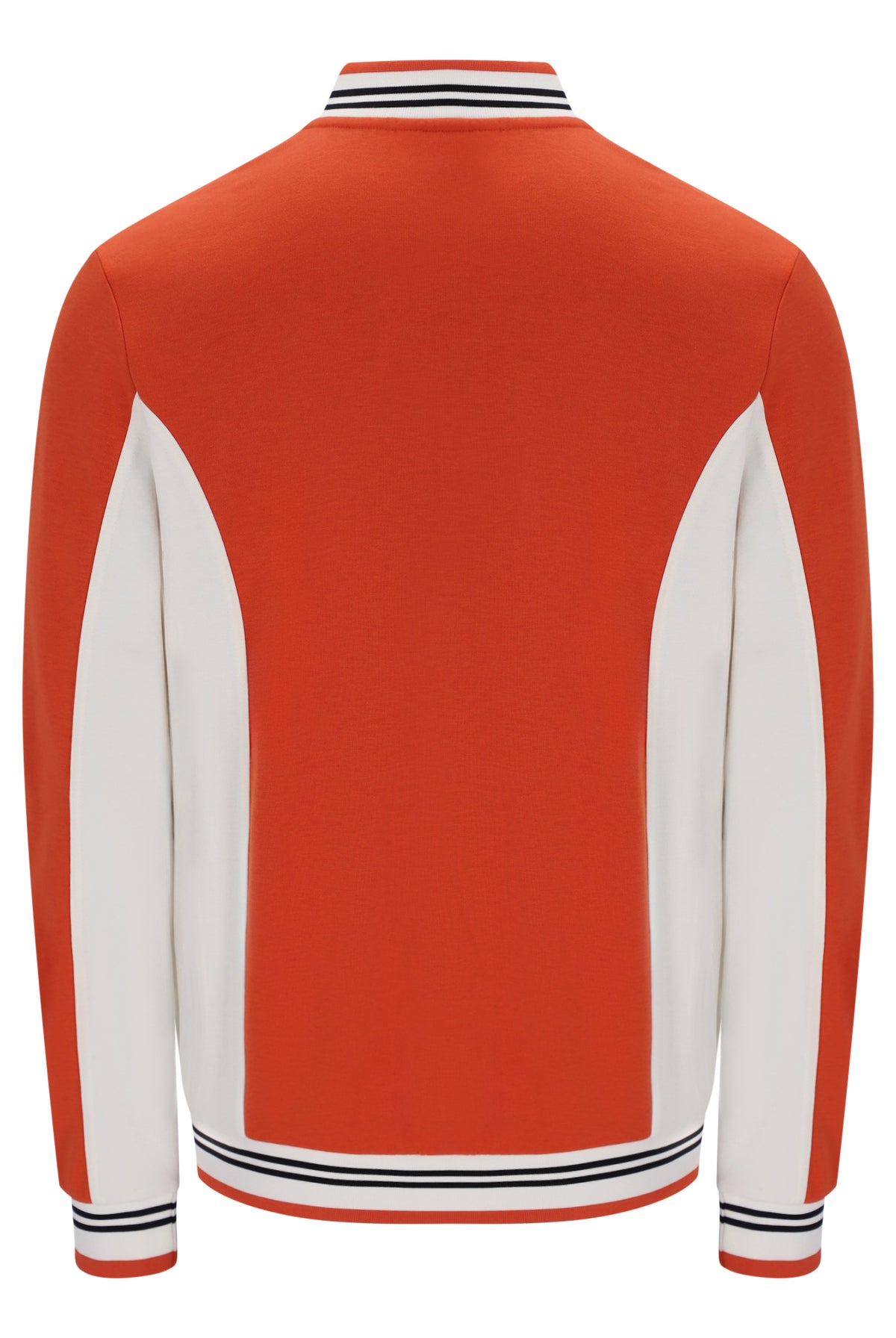 A long-sleeve colorblock jacket shown from the back, featuring a bright orange body, white sleeves, and striped ribbed trim at the collar, cuffs, and hem.