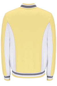 Yellow and white varsity jacket with striped collar on a white background
