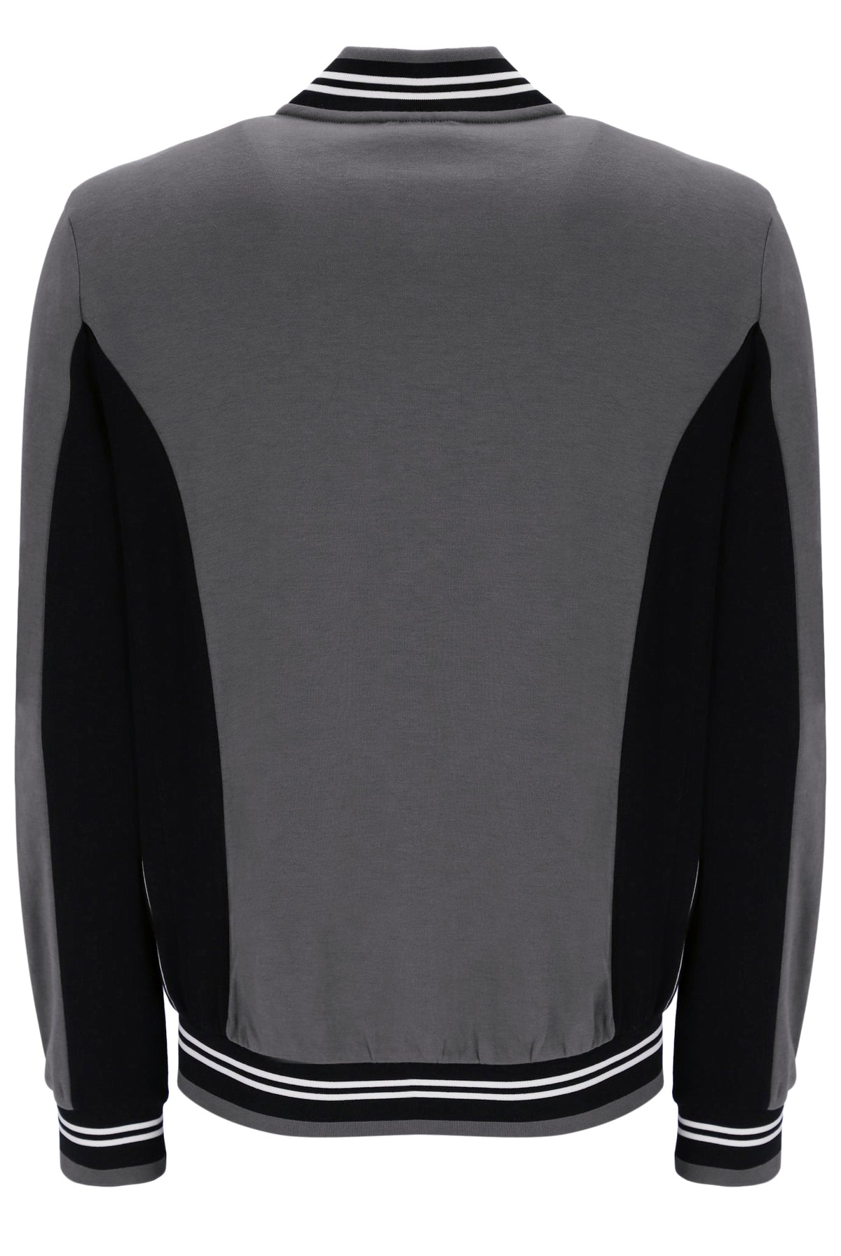 A gray and black color-blocked knit sweater with white striped ribbed trim on the collar, cuffs, and hem, shown from the back.
