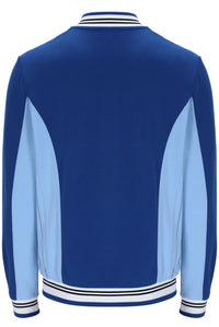 Blue and light blue varsity jacket with striped trim on a white background