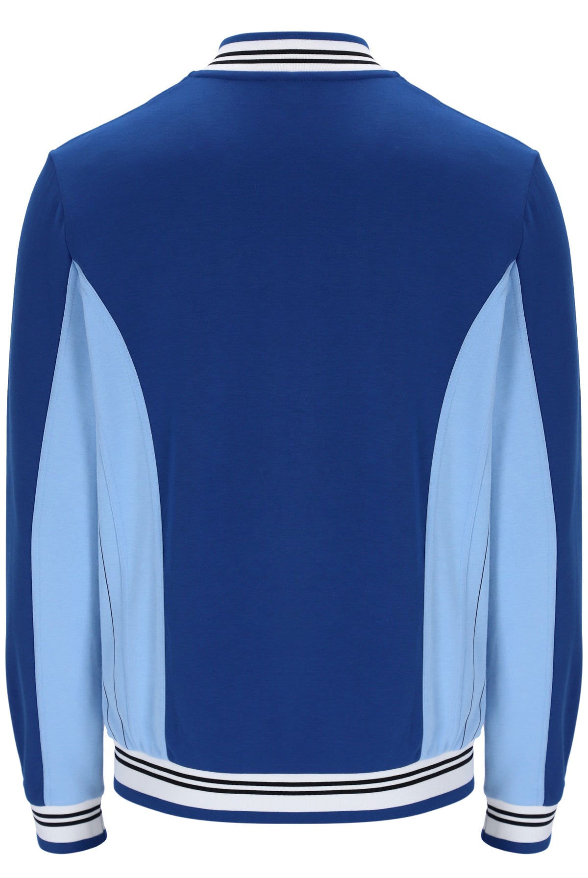 Blue and light blue varsity jacket with striped trim on a white background
