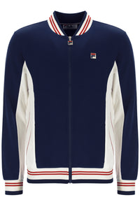 Navy and white jacket with red and white stripes on a white background
