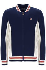 Navy and white jacket with red and white stripes on a white background