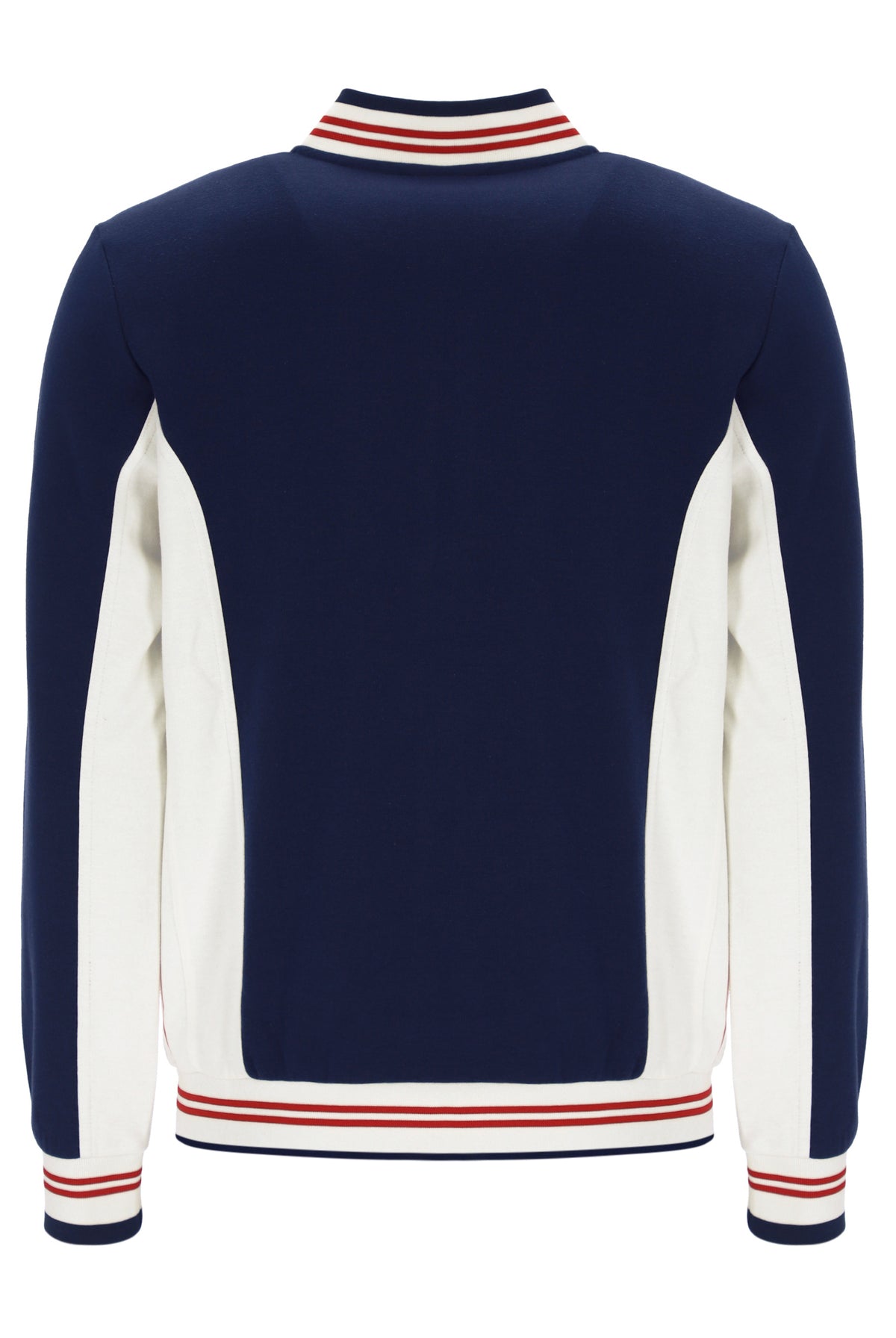 Navy and white sweater with red and white striped trim on a white background