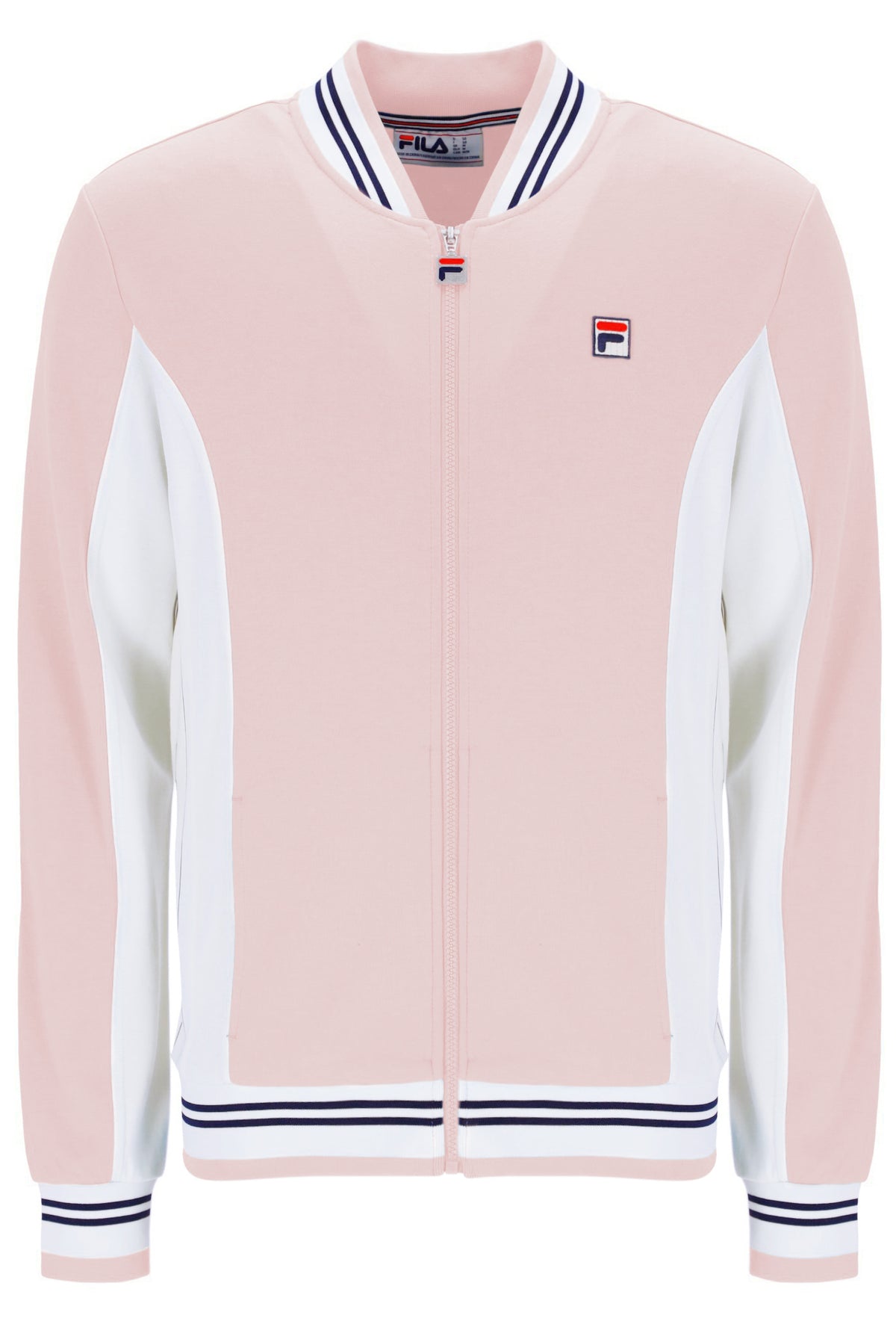 Pink jacket with white accents and FILA logo on a white background