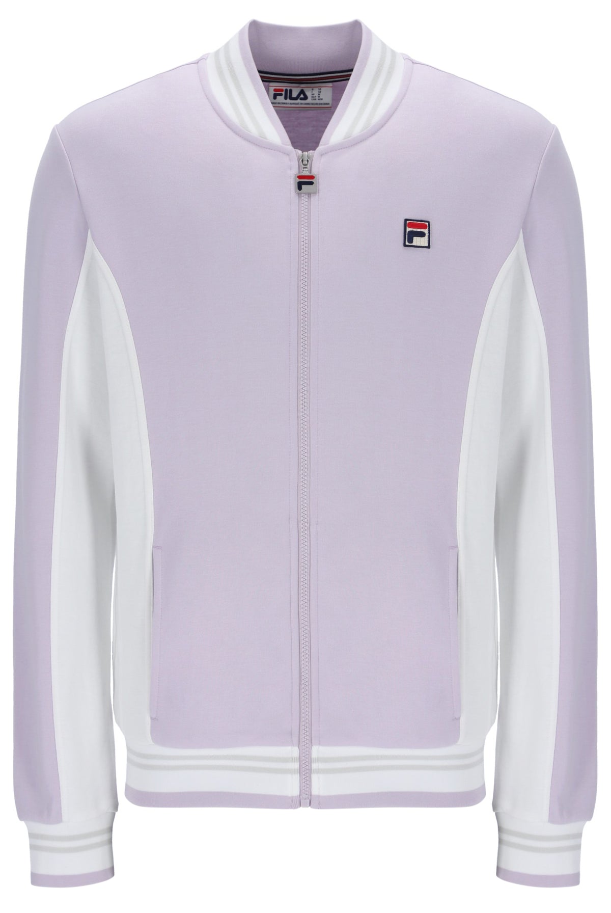 Displays the Misty Lilac 'FILA' branded Settanta Baseball Track Top