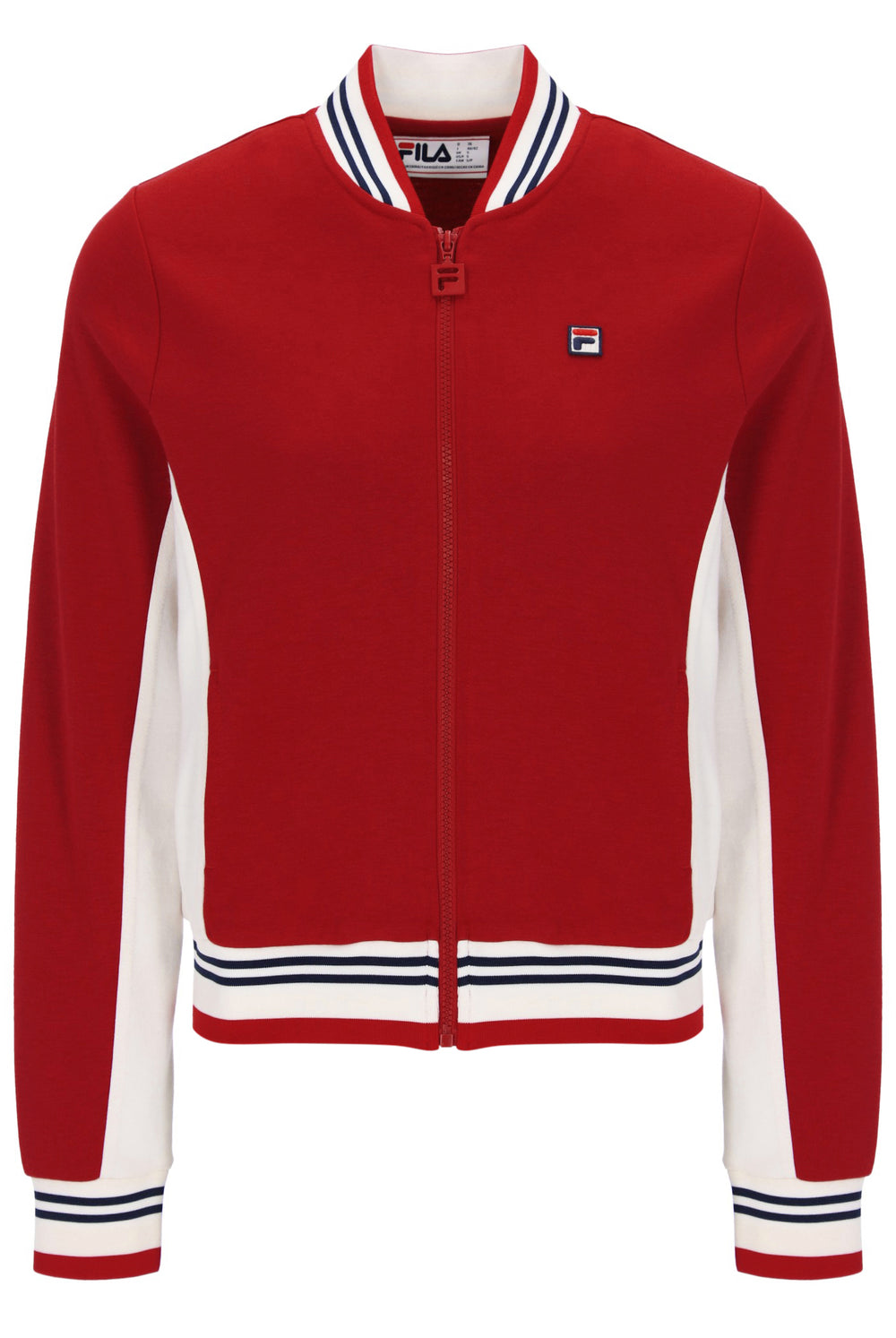 A red zip-up bomber jacket with white side panels, a white ribbed collar, hem, and cuffs, featuring navy blue stripes and a small Fila logo on the chest.