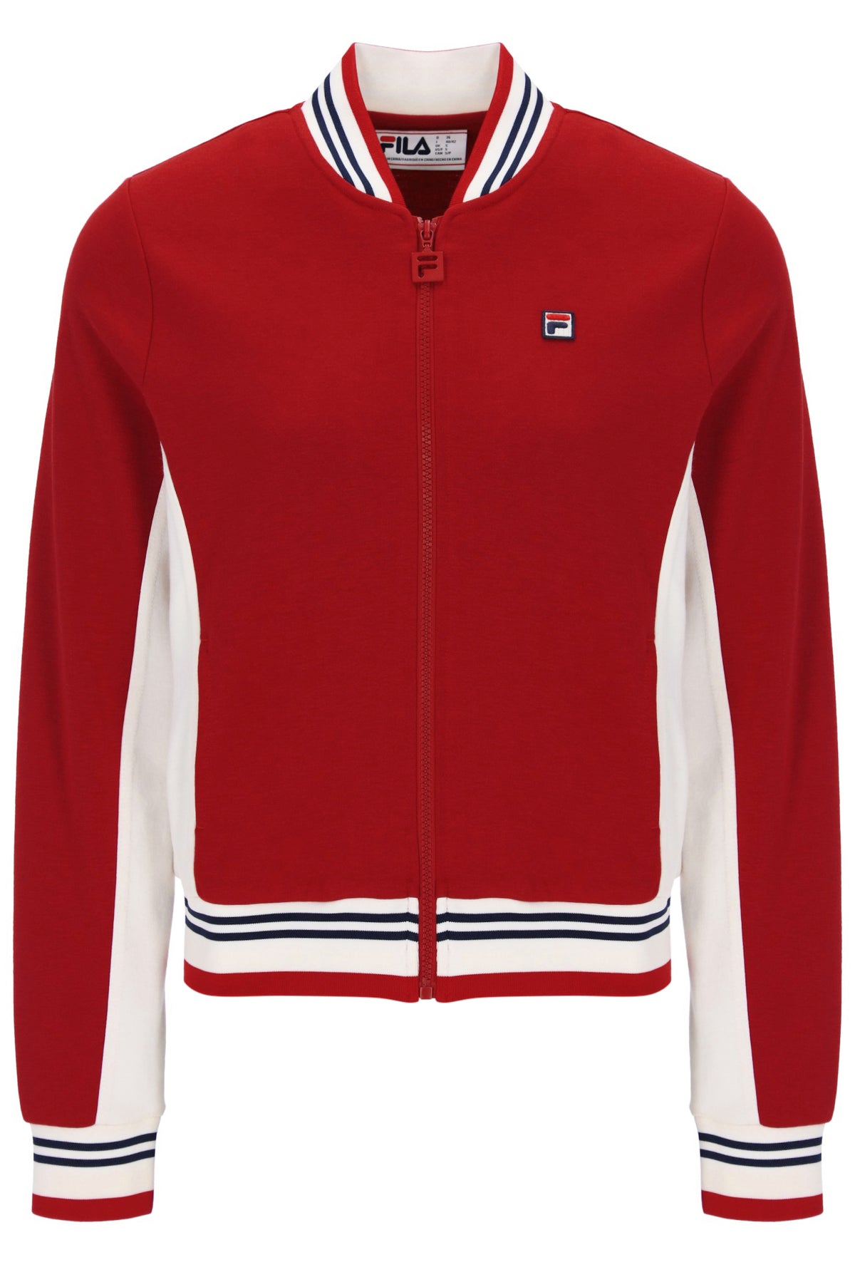 A red zip-up bomber jacket with white side panels, a white ribbed collar, hem, and cuffs, featuring navy blue stripes and a small Fila logo on the chest.