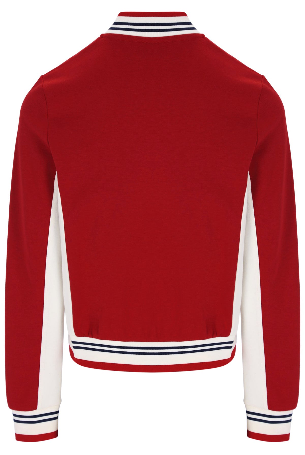 A red long-sleeve varsity-style jacket shown from the back, featuring white side panels and striped ribbed trim at the collar, hem, and cuffs.