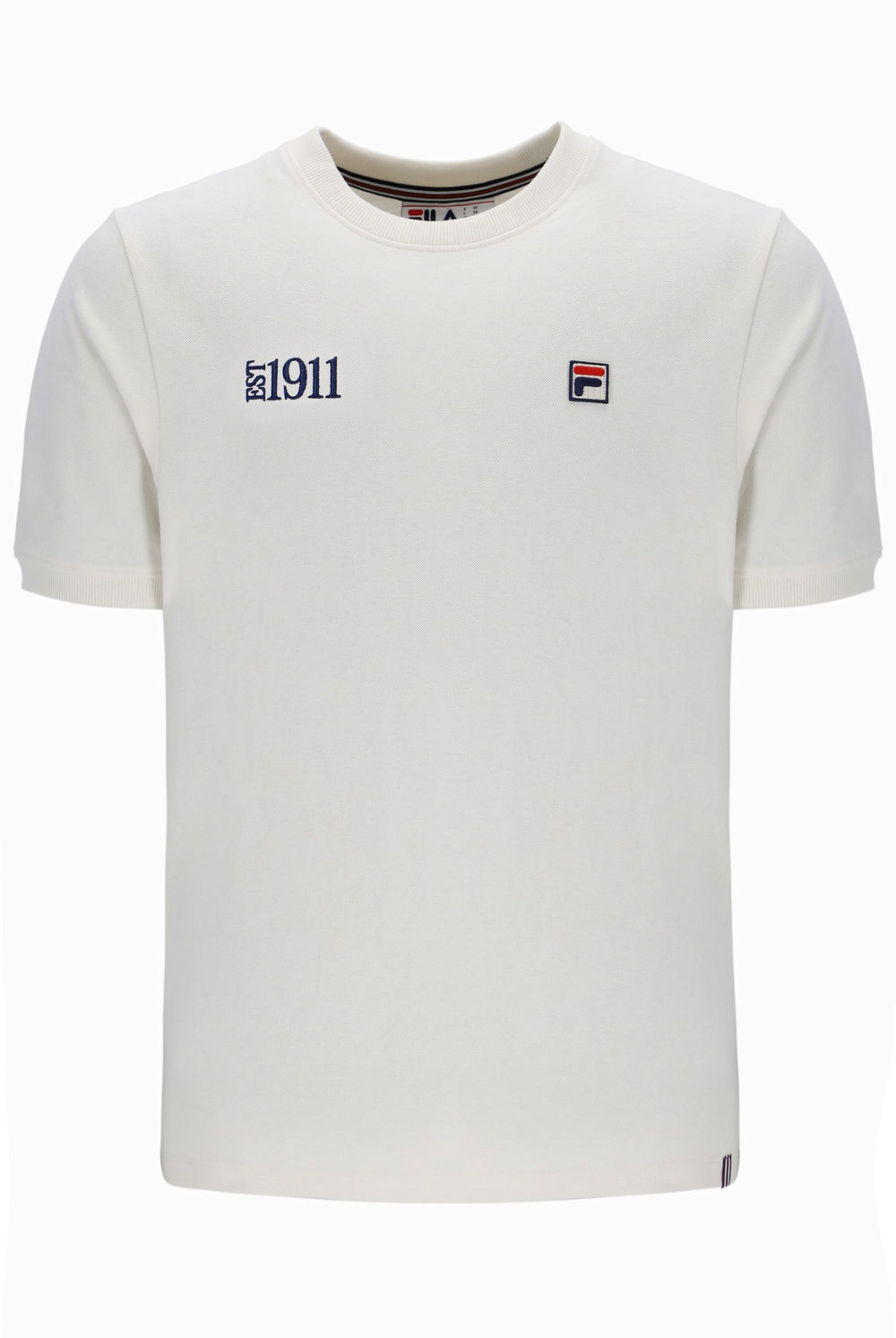 White t-shirt with '1911' and FILA logo on a white background