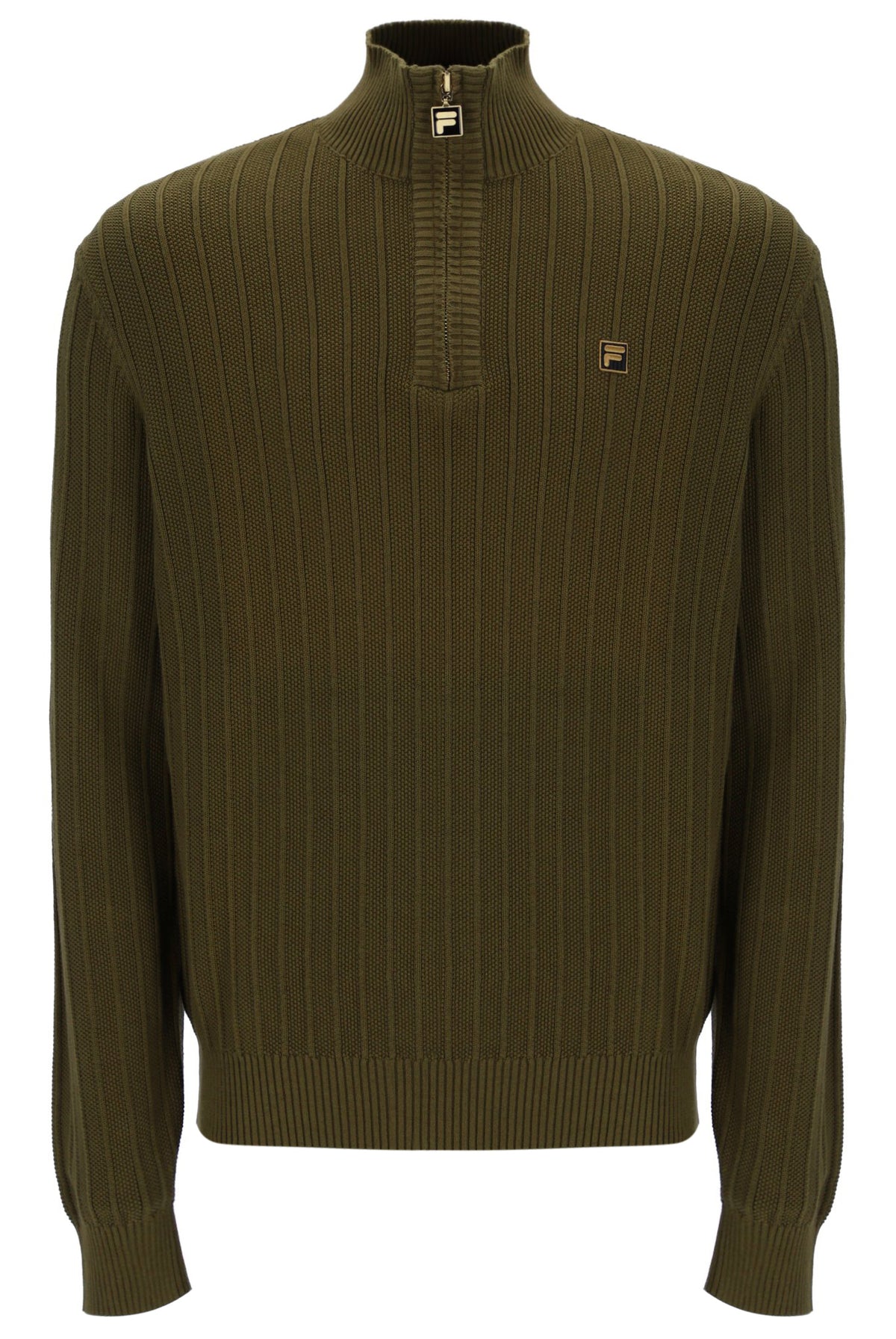 Displays the Dark Olive Stevie 1/4 Zip Funnel Neck Textured Knit