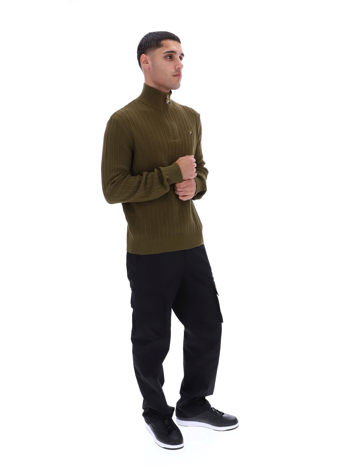 Displays a model wearing the Dark Olive Stevie 1/4 Zip Funnel Neck Textured Knit