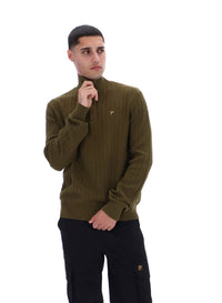 Displays a model wearing the Dark Olive Stevie 1/4 Zip Funnel Neck Textured Knit