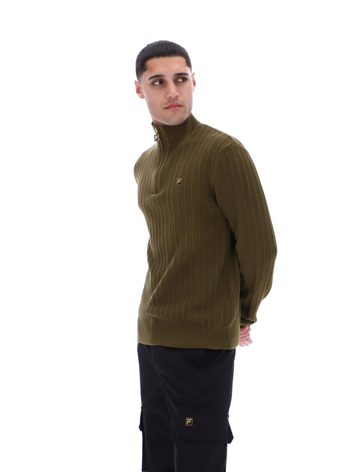 Displays a model wearing the Dark Olive Stevie 1/4 Zip Funnel Neck Textured Knit