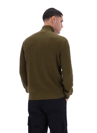 Displays a model wearing the Dark Olive Stevie 1/4 Zip Funnel Neck Textured Knit