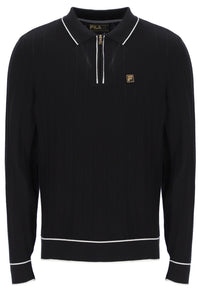 Black sweater with white trim and Fila logo on a white background