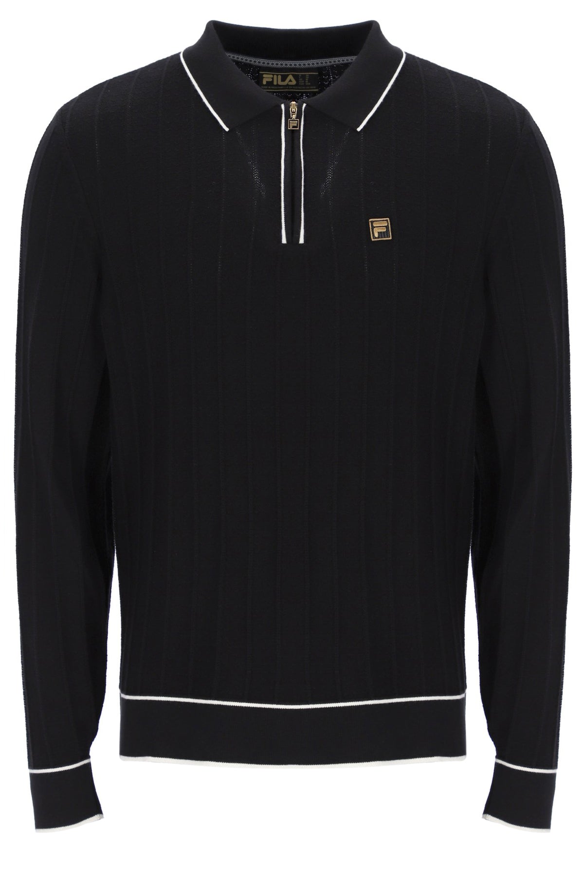 Black sweater with white trim and Fila logo on a white background