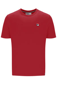 Red t-shirt with a small logo on a white background