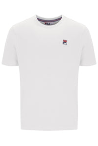 White t-shirt with a small logo on a white background