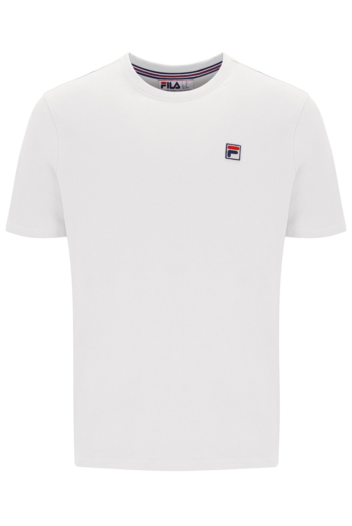 White t-shirt with a small logo on a white background