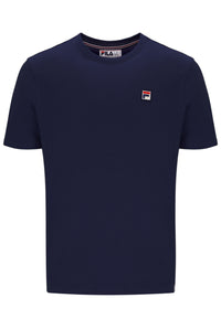 Navy blue t-shirt with a small logo on a white background
