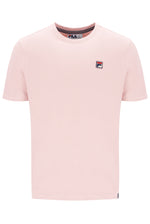 Pink t-shirt with a small logo on a white background
