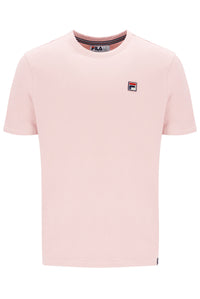 Pink t-shirt with a small logo on a white background