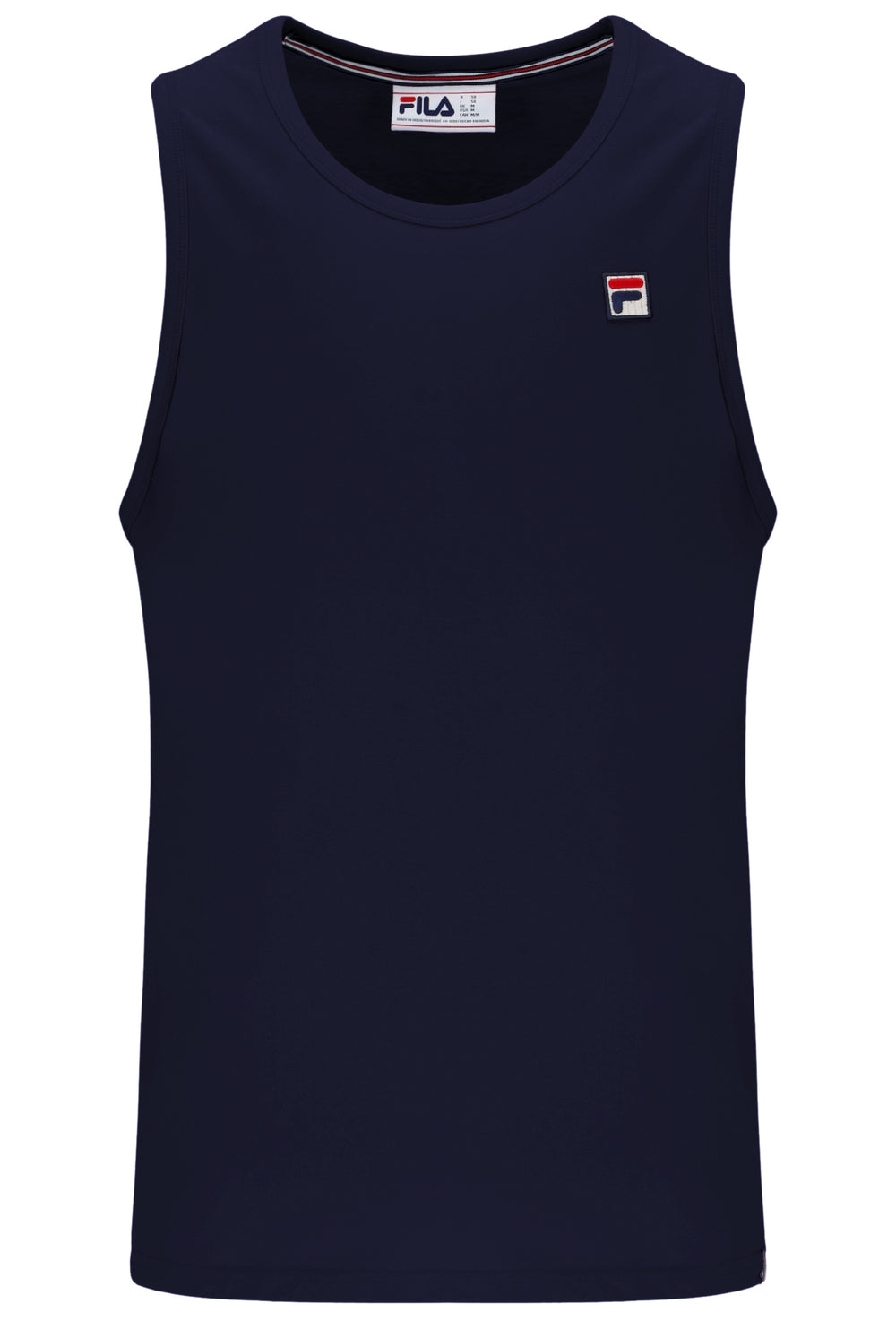 Navy blue tank top with Fila logo on a white background