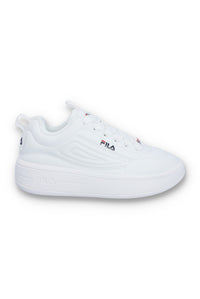 A white FILA Superbubble trainer with a chunky sole and FILA logo on the side.